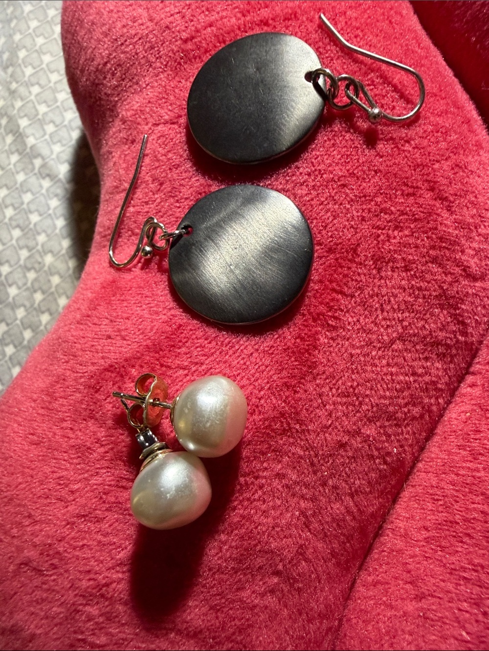 Black Disc Drop Earrings and White Faux Pearl Studs - Women Jewelry